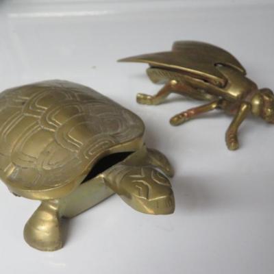 Vintage Brass Turtle & Brass Fly Ashtray / Trinket Box
