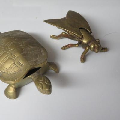 Vintage Brass Turtle & Brass Fly Ashtray / Trinket Box