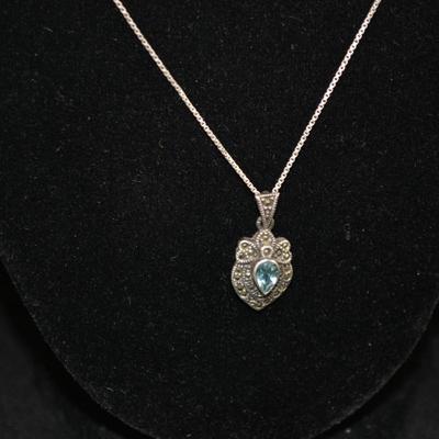 925 Sterling Box Chain w/ Marcasite and Topaz Pendant 20