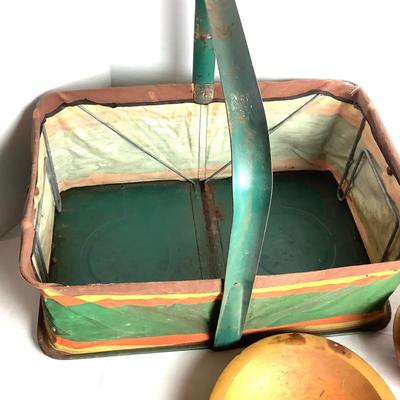 381 Vintage Folding Cloth Basket with Wooden Bowls