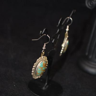 Sterling & Turquoise Oval Drop Earrings 10.5g