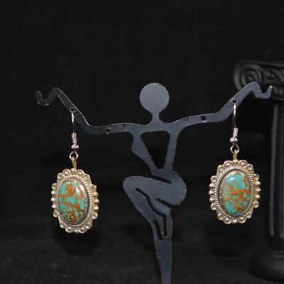 Sterling & Turquoise Oval Drop Earrings 10.5g