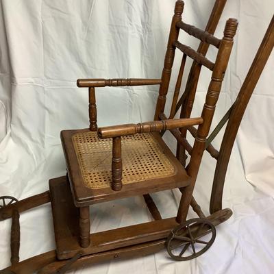 388 Antique Caned Oak Convertible High Chair Stroller Combo and Highchair