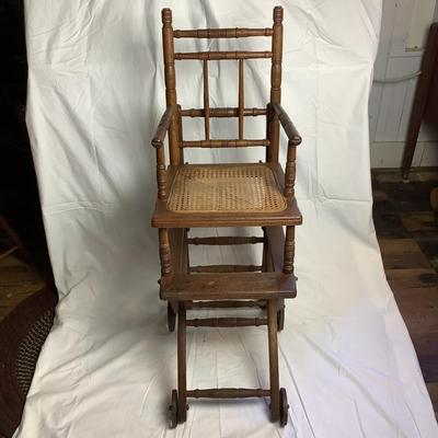 388 Antique Caned Oak Convertible High Chair Stroller Combo and Highchair