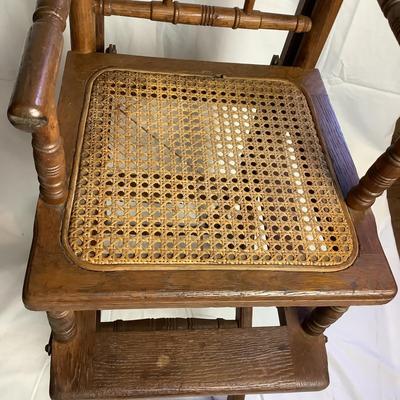 388 Antique Caned Oak Convertible High Chair Stroller Combo and Highchair