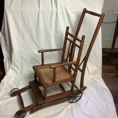 388 Antique Caned Oak Convertible High Chair Stroller Combo and Highchair