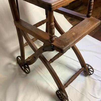 388 Antique Caned Oak Convertible High Chair Stroller Combo and Highchair
