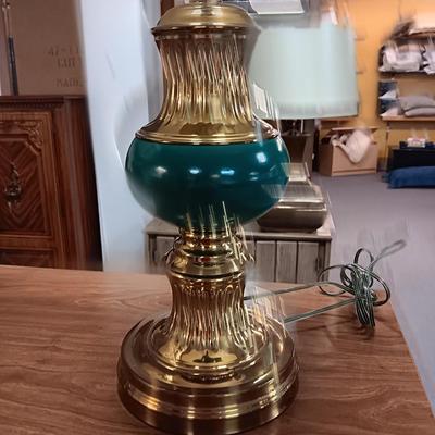 MATCHING BRASS LAMPS WITH GREEN ACCENT & PAINTED SHADES