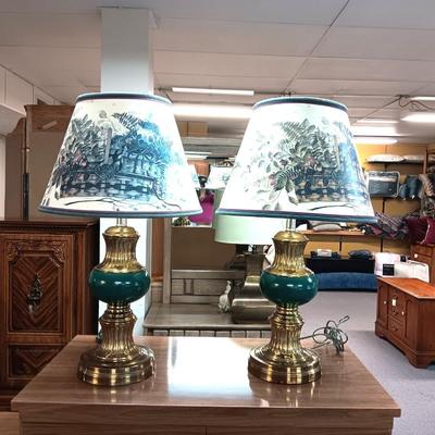MATCHING BRASS LAMPS WITH GREEN ACCENT & PAINTED SHADES