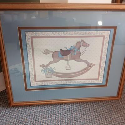 KNIT BABY BLANKET AND FRAMED ROCKING HORSE PICTURE