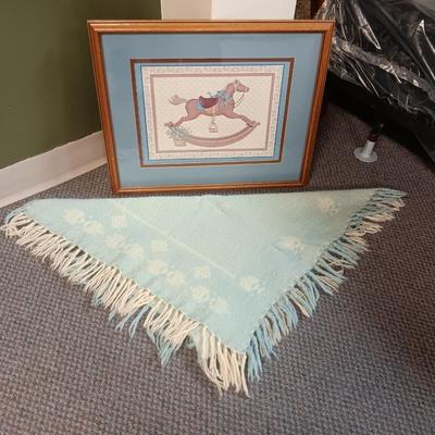 KNIT BABY BLANKET AND FRAMED ROCKING HORSE PICTURE