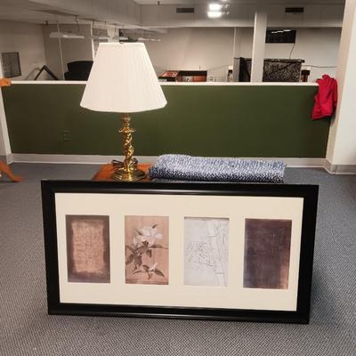 4 PANEL ASIAN THEMED PICTURE, TWISTED BRASS LAMP AND KNIT THROW