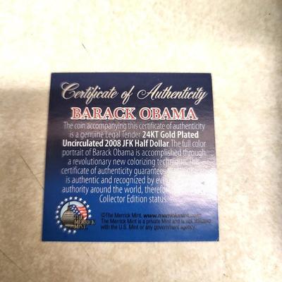 1 Limited Edition Barack Obama 24KT Gold Plated Uncirculated 2008 Commemorative JFK Half Dollar