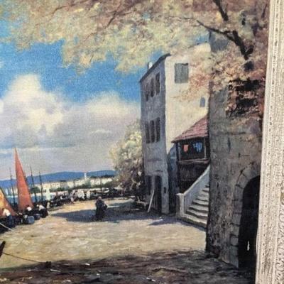 Mid-Century European Street Scene w/Sailboats Docked PRINT Laid on Canvas in a Wooden Frame 25" x 31".