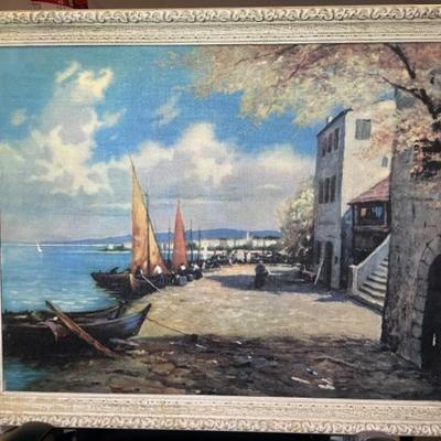 Mid-Century European Street Scene w/Sailboats Docked PRINT Laid on Canvas in a Wooden Frame 25" x 31".