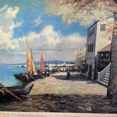 Mid-Century European Street Scene w/Sailboats Docked PRINT Laid on Canvas in a Wooden Frame 25" x 31".