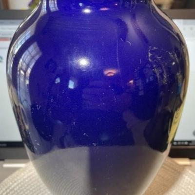 Japanese Cobalt Blue Vase Peacock & Flowers Design 11" Tall in VG Preowned Condition.