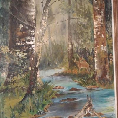 Large Framed Original Art Forest Stream Signed by Artist