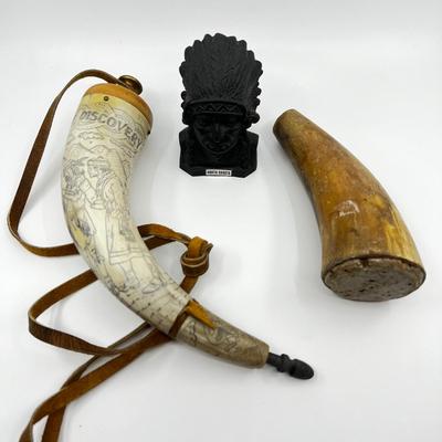 N447 Vintage Powder Horns & Indian Chief Sculpture