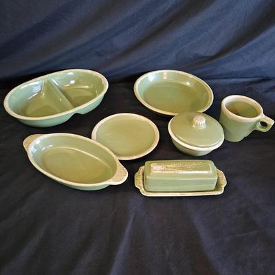 Hull Oven Proof Avocado Green Stoneware Dishes (K-DW)