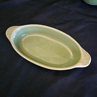 Hull Oven Proof Avocado Green Stoneware Dishes (K-DW)