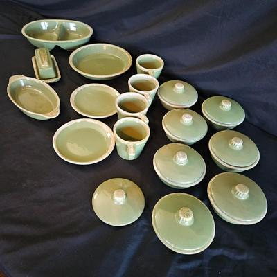 Hull Oven Proof Avocado Green Stoneware Dishes (K-DW)