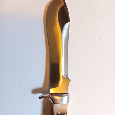 Mint PUMA 6377 White Hunter Genuine Pumamaster steel Solingen Germany Knife with leather sheath stag horn handle