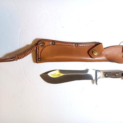 Mint PUMA 6377 White Hunter Genuine Pumamaster steel Solingen Germany Knife with leather sheath stag horn handle