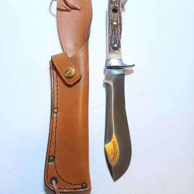 Mint PUMA 6377 White Hunter Genuine Pumamaster steel Solingen Germany Knife with leather sheath stag horn handle