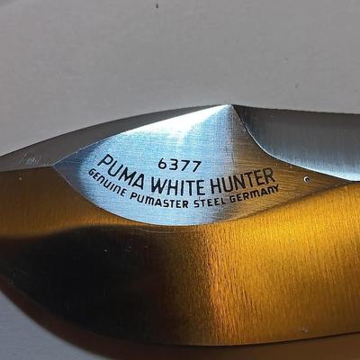 Mint PUMA 6377 White Hunter Genuine Pumamaster steel Solingen Germany Knife with leather sheath stag horn handle