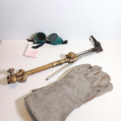 Victor straight cutting / welding torch head with shades and welding gloves.