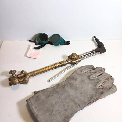 Victor straight cutting / welding torch head with shades and welding gloves.