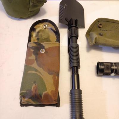 Survival Must haves - folding shovel with storage bag, Canteen with cooler pouch - and a Bushnell monocular