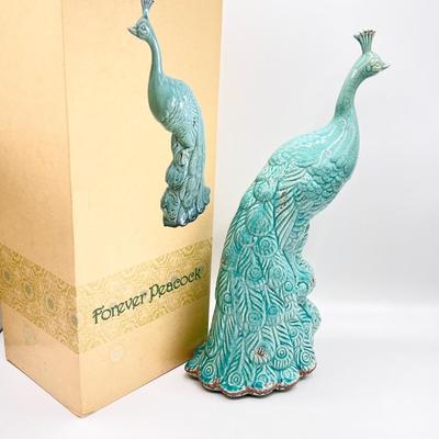 Forever Peacock ~ 15â€ Tall Ceramic Peacock Statue