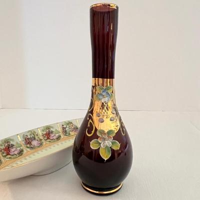 Vintage Gilded Decorative Set - Bohemian Glass Vase,