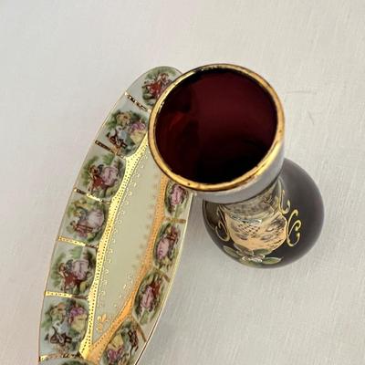 Vintage Gilded Decorative Set - Bohemian Glass Vase,