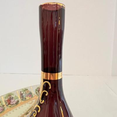 Vintage Gilded Decorative Set - Bohemian Glass Vase,