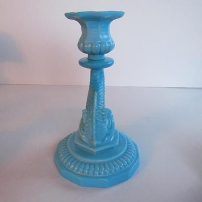 Vintage Blue Milk Glass Dolphin Candlestick, Read Description