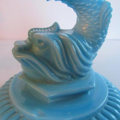 Vintage Blue Milk Glass Dolphin Candlestick, Read Description