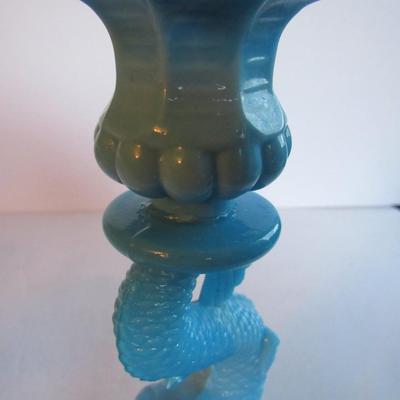 Vintage Blue Milk Glass Dolphin Candlestick, Read Description