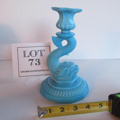 Vintage Blue Milk Glass Dolphin Candlestick, Read Description