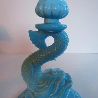 Vintage Blue Milk Glass Dolphin Candlestick, Read Description