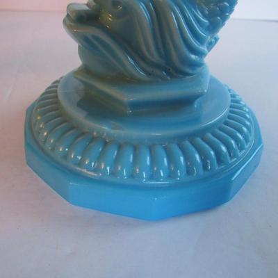 Vintage Blue Milk Glass Dolphin Candlestick, Read Description