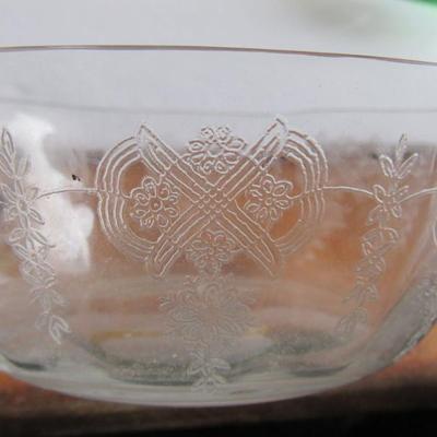 Lot of Misc Vintage Glassware, Etched Bowl, Shakers, Salt Insert