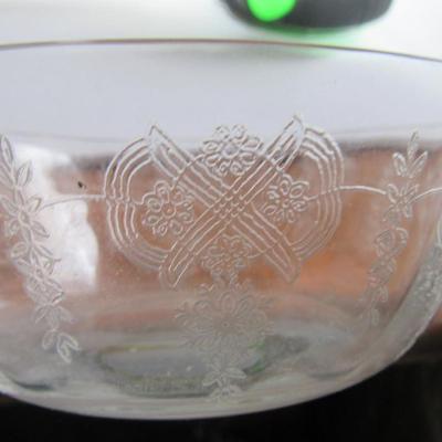 Lot of Misc Vintage Glassware, Etched Bowl, Shakers, Salt Insert