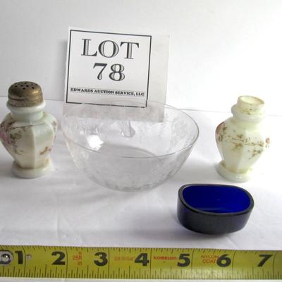 Lot of Misc Vintage Glassware, Etched Bowl, Shakers, Salt Insert