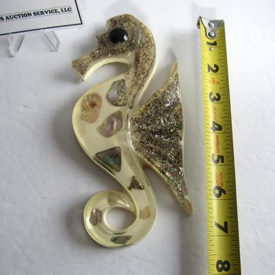 Mid Century Acrylic and Abalone Shell Seahorse Wall Plaque