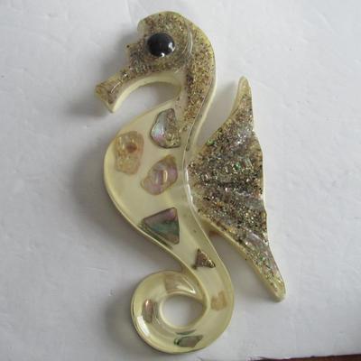 Mid Century Acrylic and Abalone Shell Seahorse Wall Plaque