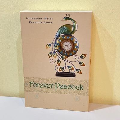FOREVER PEACOCK ~ Iridescent Metal Peacock Table Clock
