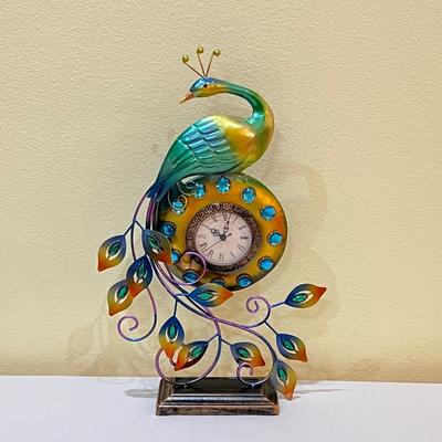 FOREVER PEACOCK ~ Iridescent Metal Peacock Table Clock